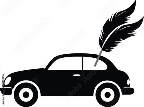 A black silhouette of a classic car with a feather plume