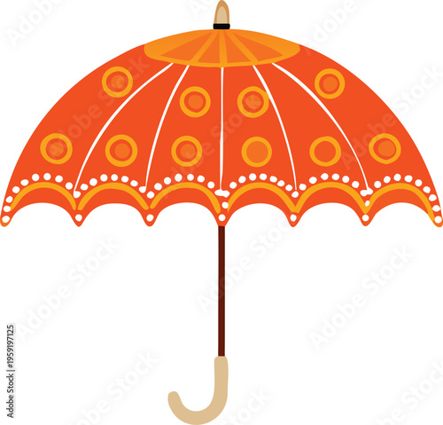 A vibrant orange parasol with circular and scalloped details