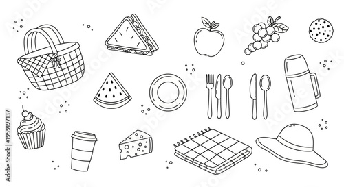 Picnic essentials illustration with food utensils and accessories on white background