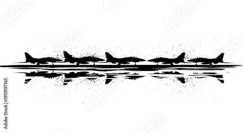 Silhouette of multiple sharks swimming in a line across calm water with reflection black and white illustration