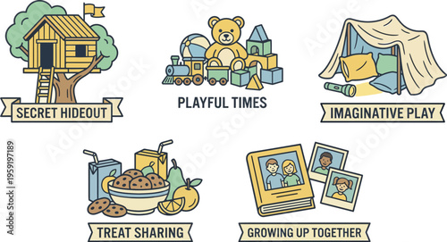 Collection of childhood play elements depicts imaginative fun, secret spaces, and shared treats.