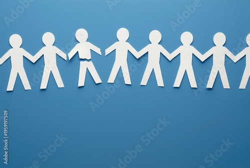 White paper people chain with one broken figure. Concept of injury, disability, or personal struggle. Human figures on blue background