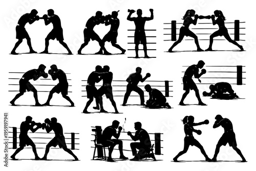 Silhouettes of male and female boxers in action poses in a boxing ring.