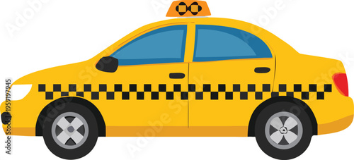 A bright yellow taxi cab with a checkered pattern is shown