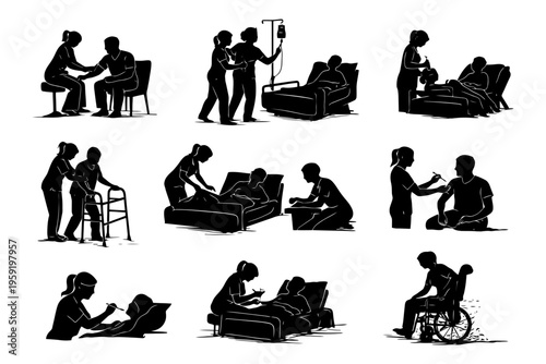 Healthcare professionals caring for patients in various medical situations.