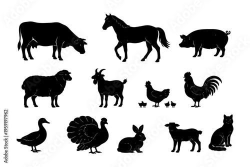 Silhouettes of farm animals: horse, cow, pig, chicken, sheep, duck, turkey, goat, rabbit, cat.
