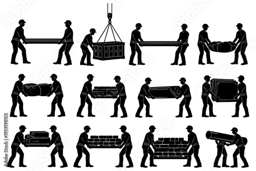 Silhouettes of workers lifting and moving various objects in different positions.
