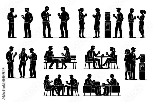 Silhouette illustrations of socializing adults engaged in conversations and coffee breaks.