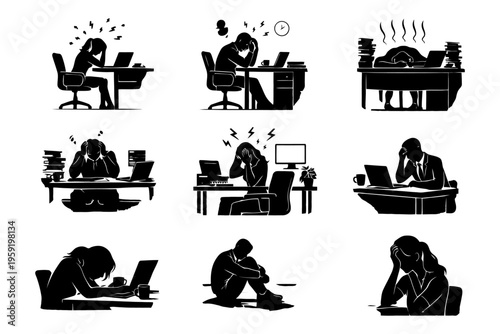 Silhouettes of stress: overworked individuals facing office pressure and fatigue.
