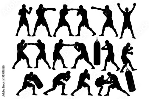 Silhouette male boxers training with punching bags in various poses.