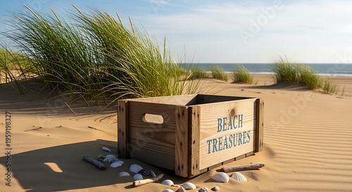 Serene summer vacation beach scene with wooden box and lush greenery