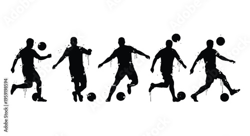 Five black and white silhouettes of soccer players in action poses dribbling and kicking a ball with paint splatters