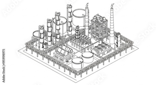 Detailed Line Drawing of an Industrial Complex or Factory.