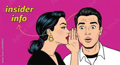 Pop style of a woman whispering insider information to a surprised man on a bright pink background comic