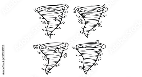 Set of four hand drawn tornado showing swirling wind storms with flying leaves in a simple black and white style