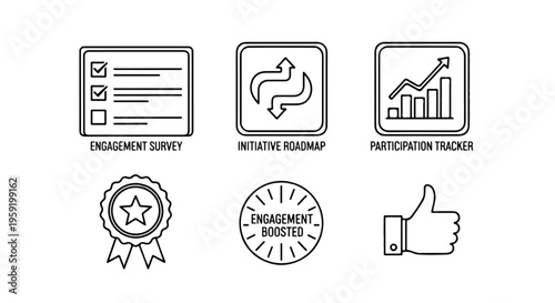 Set of six business engagement featuring survey roadmap tracker boosted status and like symbol line