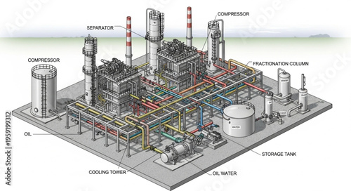 Detailed Oil Refinery Illustration - Complex Industrial Plant Design.
