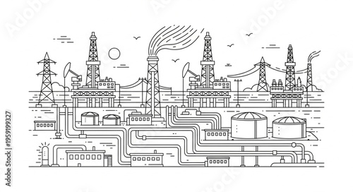 Detailed Oil Refinery Illustration - Infrastructure, Pipes, and Industrial Processes.