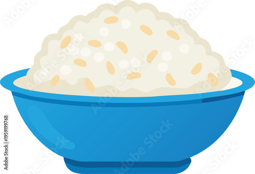 A blue bowl filled with fluffy white rice and yellow specks
