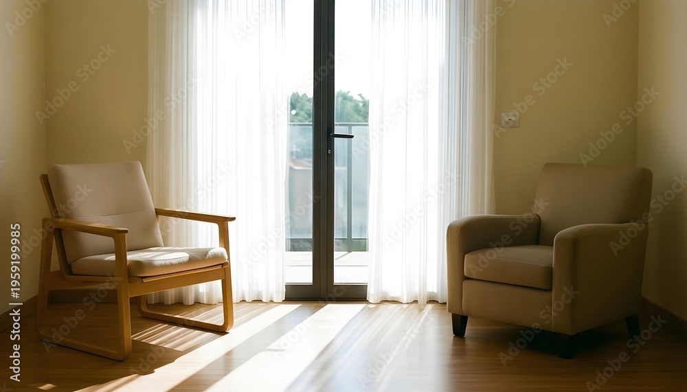 Fototapeta premium Two comfortable armchairs bathed in sunlight near a glass door with sheer curtains