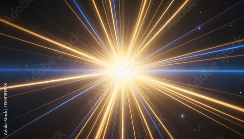 Bright starburst of golden and blue light rays emanating from a central point in deep space