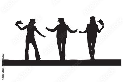 Black silhouettes of cowboys dancing with hats, western lifestyle and country music concept.