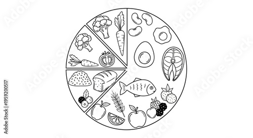 Balanced diet plate with assorted healthy foods illustration