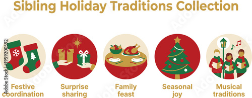 Five circular icons depict various sibling holiday traditions including decorations, gifts, and feasting.