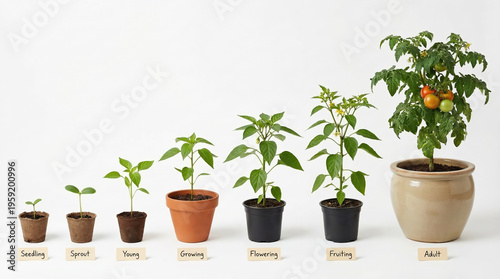 Sequence showing the evolution of a plant from a seed to a flowering sprout isolated on white background, growth stages concept, botanical cycle, development progress.