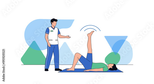 Physical therapist assisting patient with leg exercise on yoga mat, rehabilitation concept
