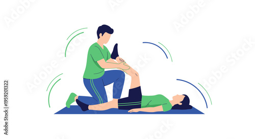 Physical therapist assisting patient with leg stretch on yoga mat, rehabilitation exercise