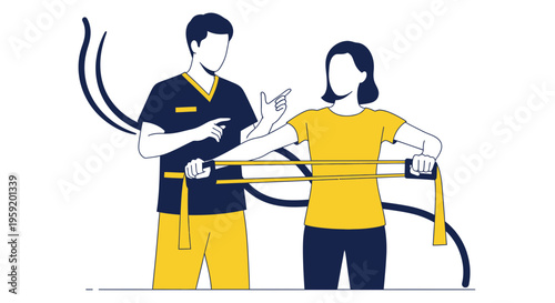 Physical therapist guiding patient with resistance band exercise for shoulder rehabilitation