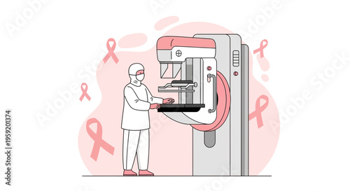 Radiologist performing mammogram screening for breast cancer awareness, pink ribbons background