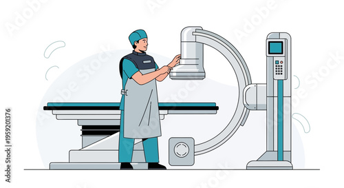 Radiologist operating advanced C-arm X-ray machine for medical imaging in hospital