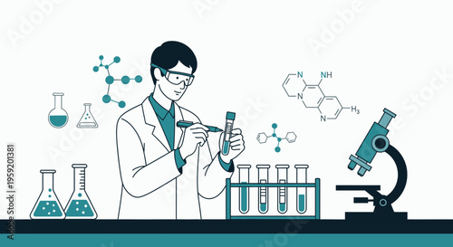 Scientist Conducting Experiment with Test Tubes and Microscope in Laboratory