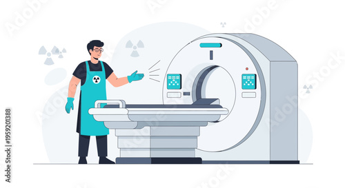 Radiologist preparing MRI scanner for patient examination, medical technology concept