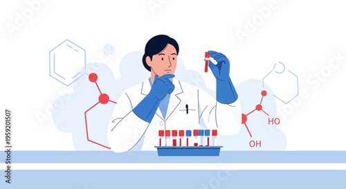 Scientist examining blood sample in laboratory with molecular structures background
