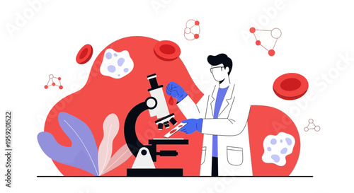 Scientist examining blood cells under a microscope, medical research concept