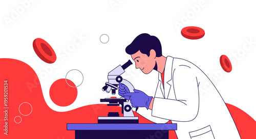 Scientist examining blood cells under microscope in laboratory, medical research concept