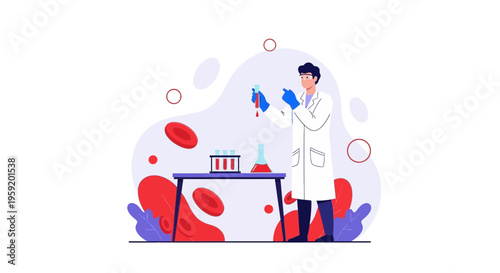 Scientist examining blood sample in laboratory, red blood cells illustration
