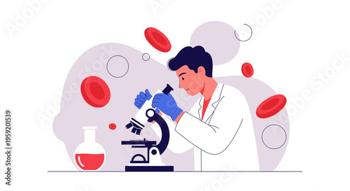 Scientist examining blood cells under a microscope, laboratory research, medical science concept