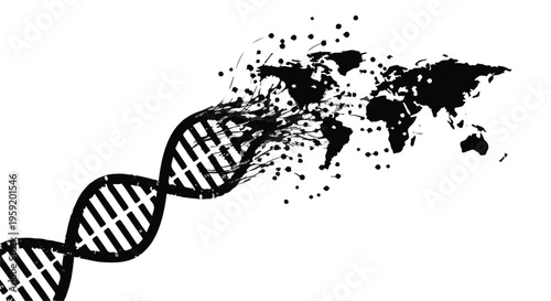 DNA helix dissolving into a global network of connections, representing data or genetic spread