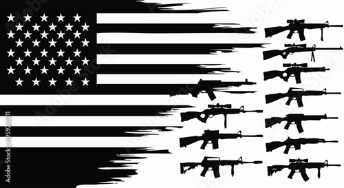 American flag with silhouettes of various rifles and firearms on white background for patriotic and military themes
