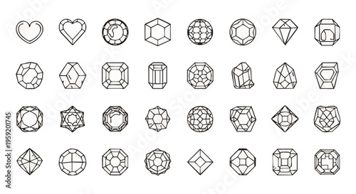 Collection of various gemstone shapes and diamond cuts in line style for jewelry and luxury branding projects