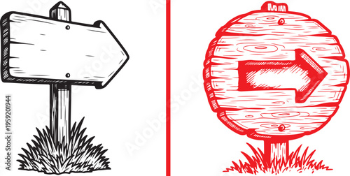 Two directional wooden signs in grass: a black-and-white arrow-shaped board on a post and a red sketched circular sign featuring a prominent right-pointing arrow.