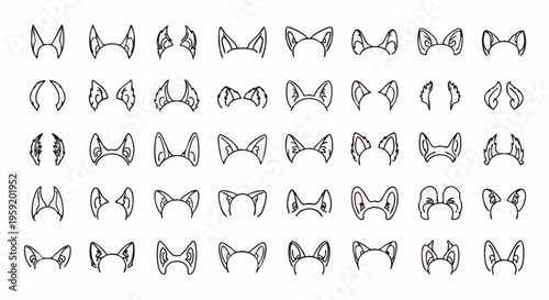 Set of various animal ear headbands line for filters and costume accessories in a grid layout