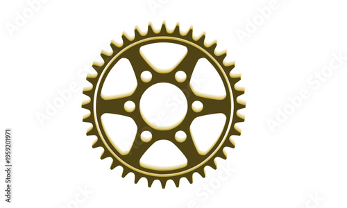 Golden Bicycle Sprocket Chainring Gear Wheel with Five-Spoke Design on White Background, Perfect for Cycling, Mechanical, and Transportation Concepts