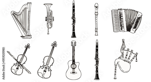 Collection of musical instrument line including harp trumpet clarinet recorder accordion violin guitar bagpipes