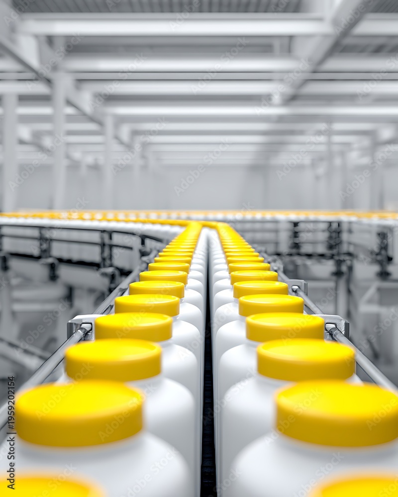 Obraz premium Bottles move down a production line in an industrial setting with yellow caps.