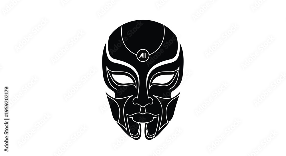 Obraz premium Futuristic mask with glowing eye detail on white background, symbolizing technology and mystery.